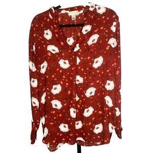 Loft Lightweight Red Floral Long‎ Sleeve blouse vneck bohemian size small NWOT